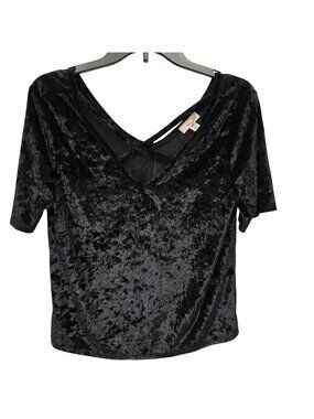 The Outfit Black Crushed Velvet V Neck Strappy Short Sleeve Top Womens L NWOT